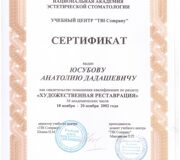 Сертификат 2002 Художесвенная реставрация 36 часов